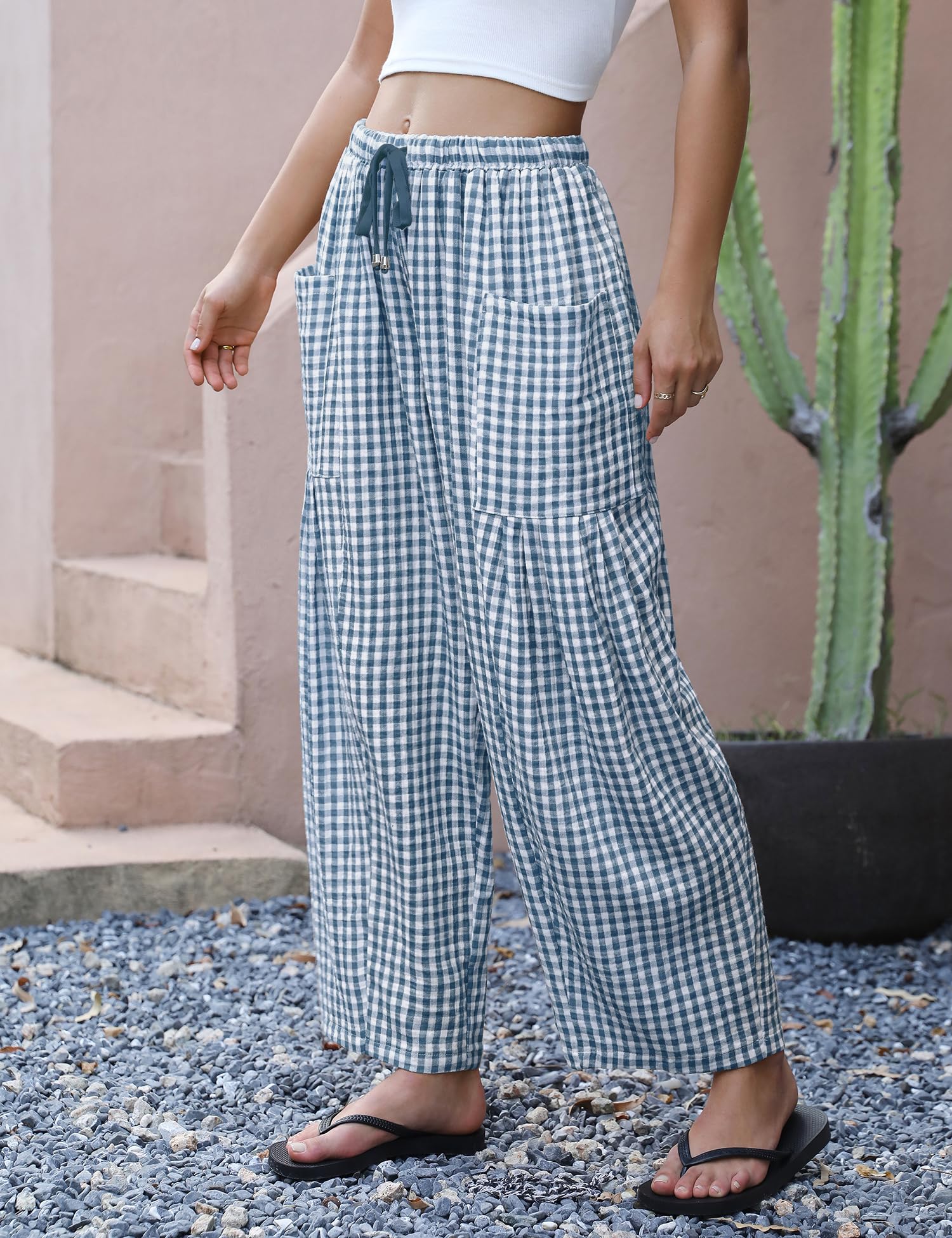 LOMON Womens Wide Leg Linen Pants Casual Drawstring Palazzo Harem Pants Summer Loose Beach Travel Vacation Pants with Pockets