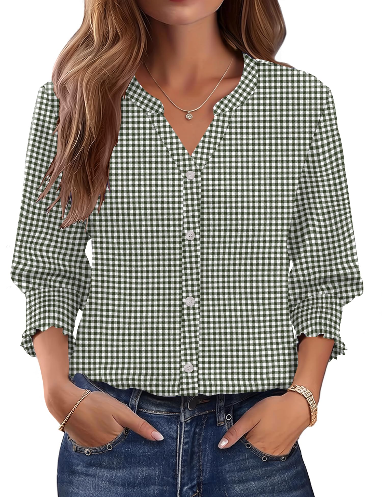 LOMON Button Down Shirts for Women 3/4 Length Sleeve Business Casual Blouses 2026 Summer Tops