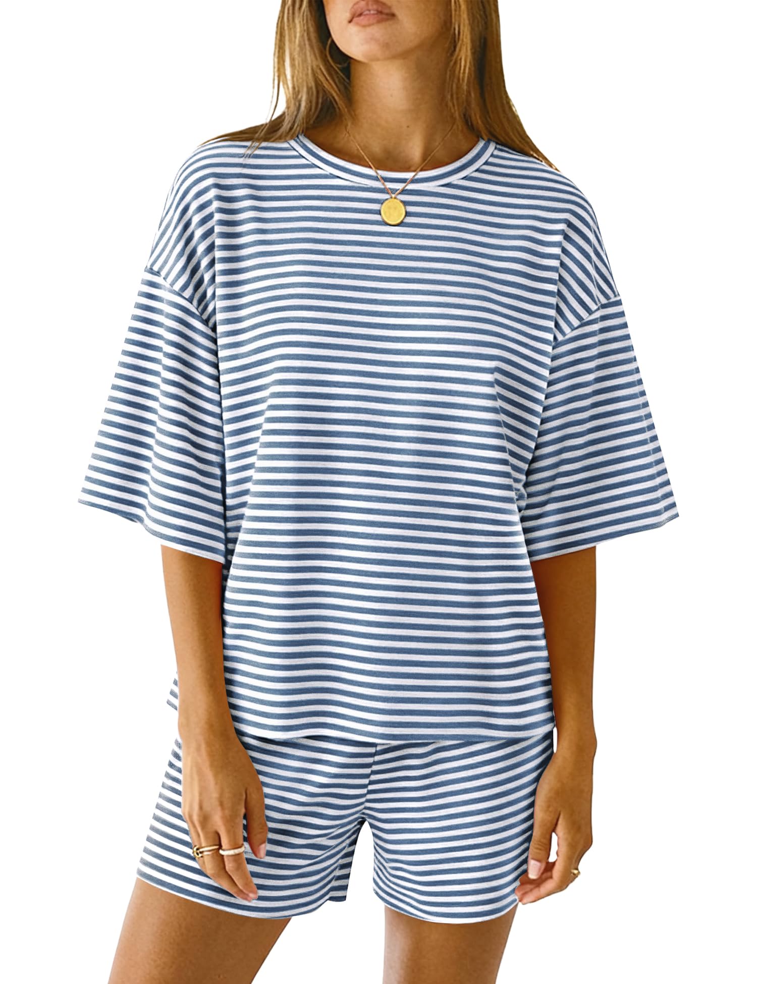 LOMON Two Piece Sets for Women Summer 3/4 Sleeve Tops and Elastic Waist Shorts Pajamas Cute Comfy Soft Lounge Striped Pjs