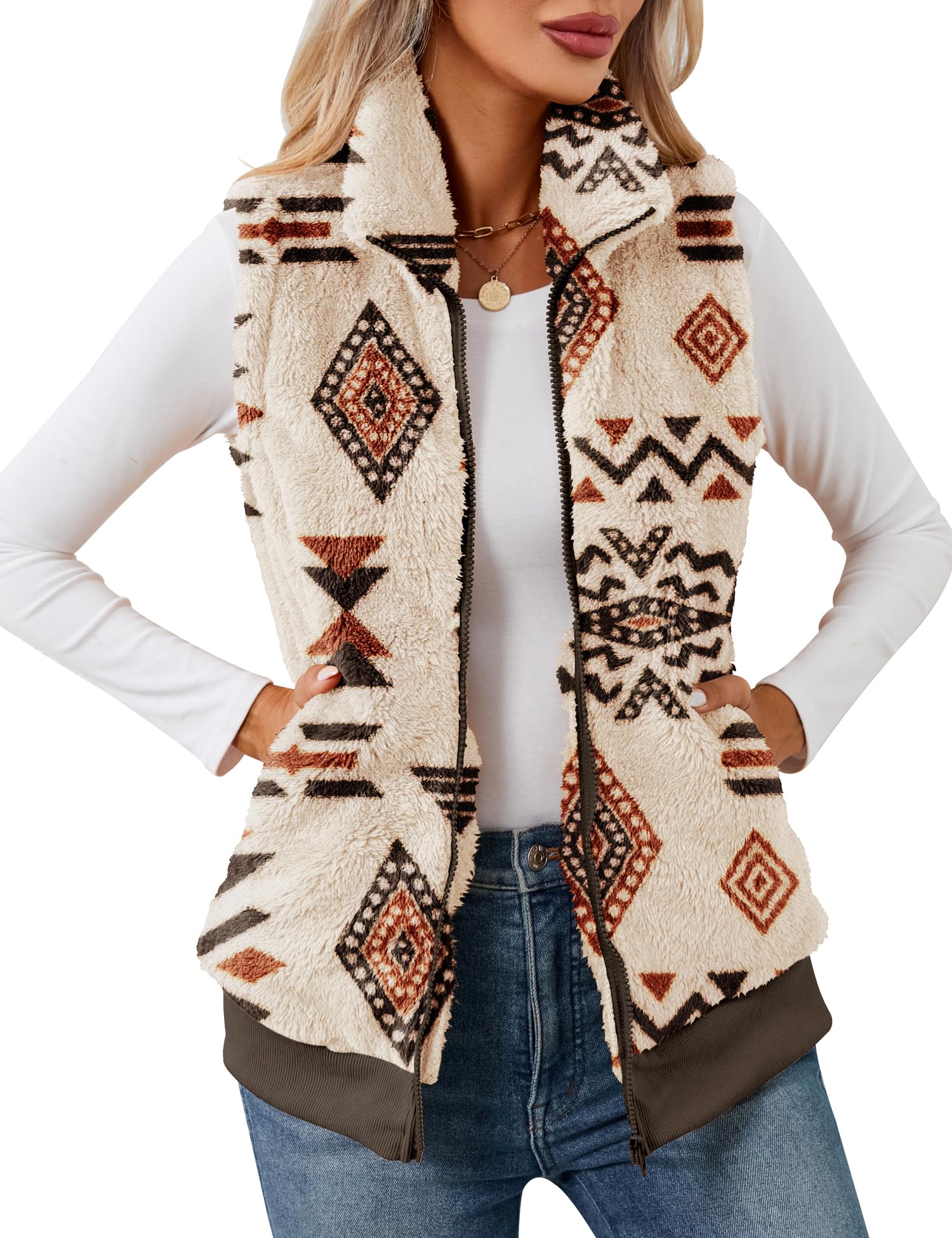 LOMON Womens Fuzzy Fleece Vest, Casual Warm Sleeveless Zip Up Sherpa Vest Jacket with Pockets for Fall/Winter