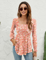 LOMON Blouses for Women Puff Long Sleeve Shirts Square Neck Casual Smocked Tunic Tops 2024 Spring Fall Winter Clothes S-XL