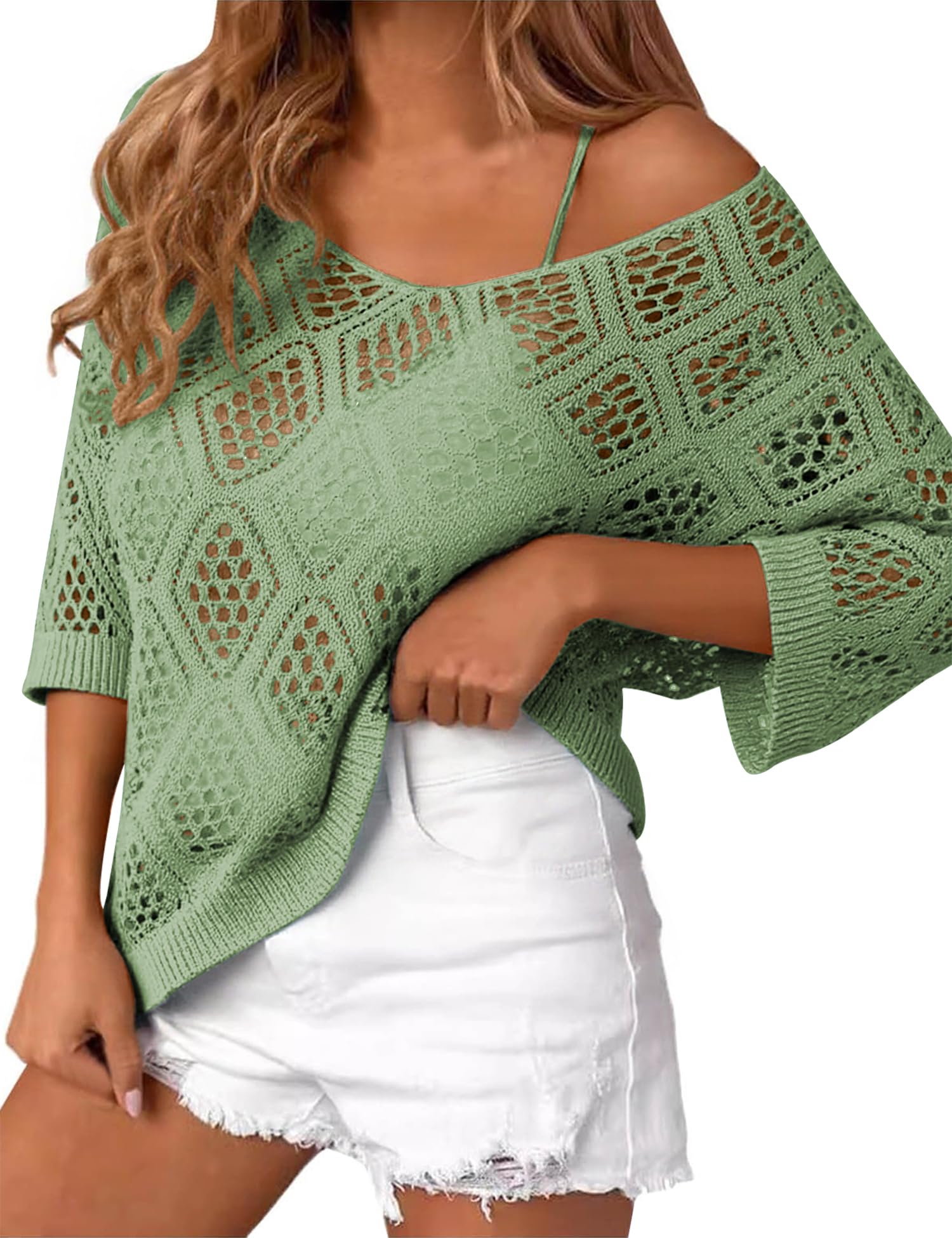 LOMON Womens 3/4 Sleeve Crochet Tops Off Shoulder Hollow Out Sweater V Neck Casual Loose Fit Beach Cover Up