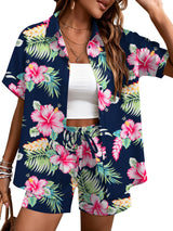 LOMON Women's 2 Piece Hawaiian Vacation Outfits Tropical Print Short Sleeve Shirts and Shorts Beach Sets Resort Wear