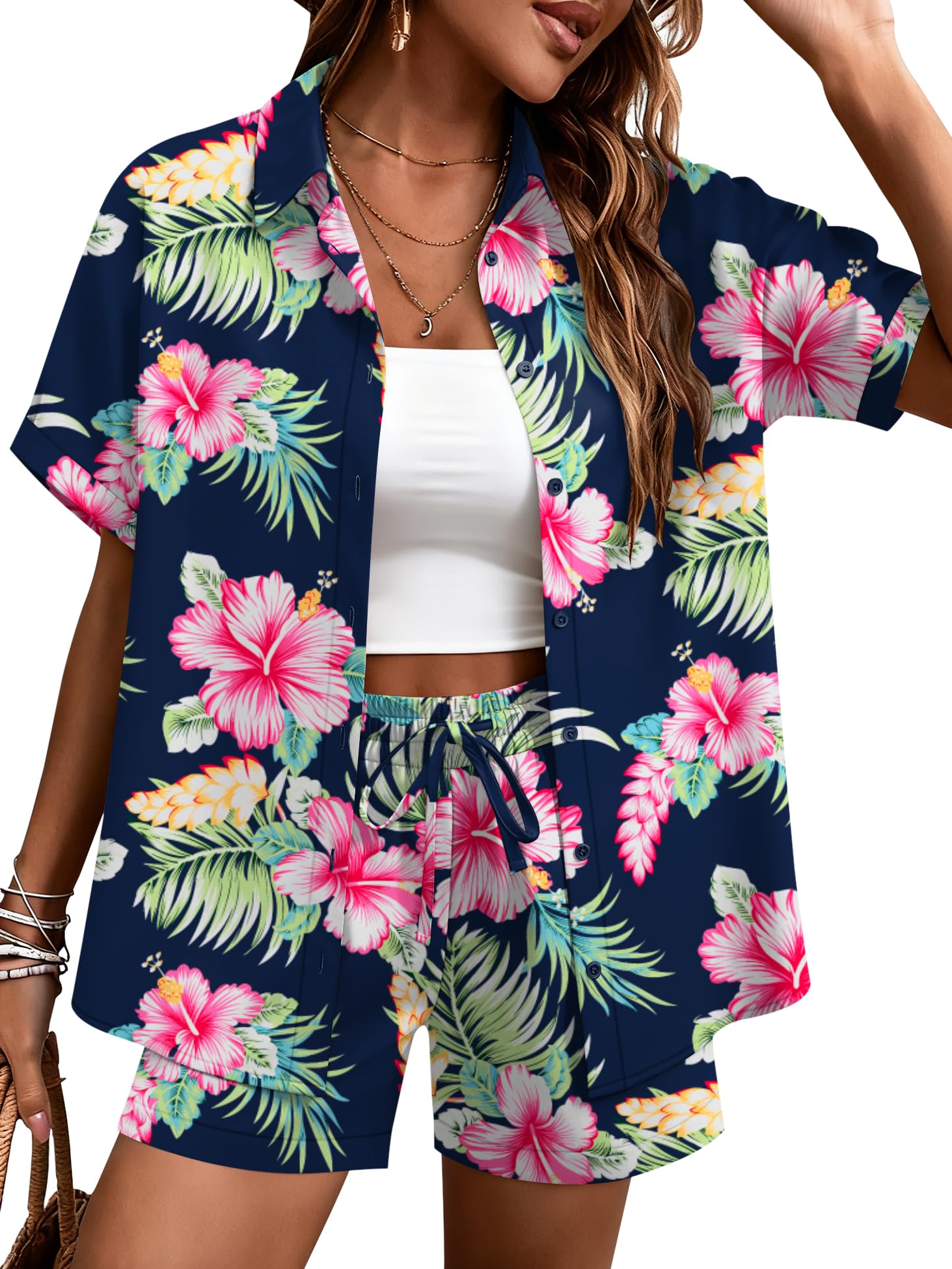 LOMON Women's 2 Piece Hawaiian Vacation Outfits Tropical Print Short Sleeve Shirts and Shorts Beach Sets Resort Wear