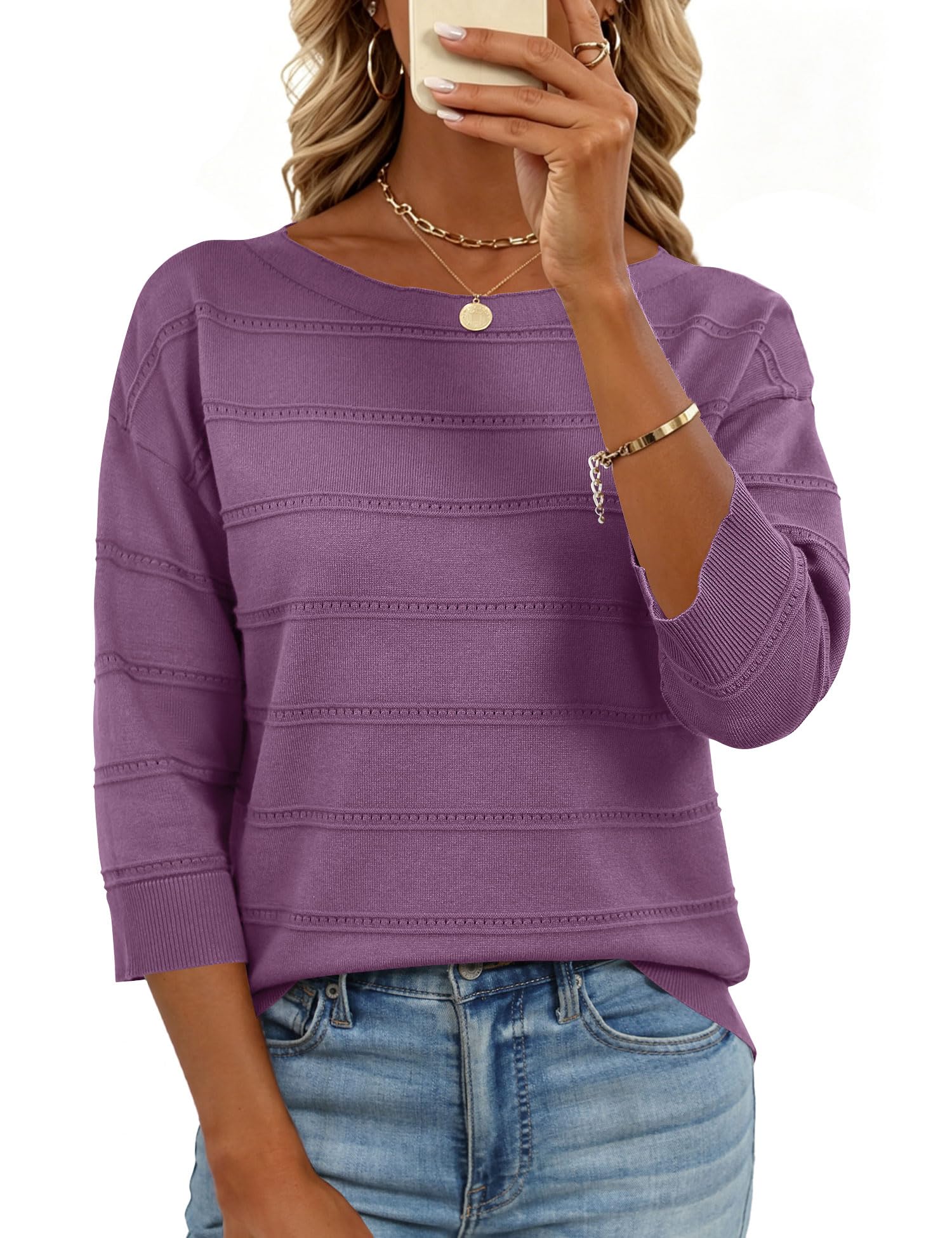 LOMON Womens Sweaters Casual Boat Neck 3/4 Sleeve Lightweight Knit Trendy Pullover Sweater Summer Tops S-XL