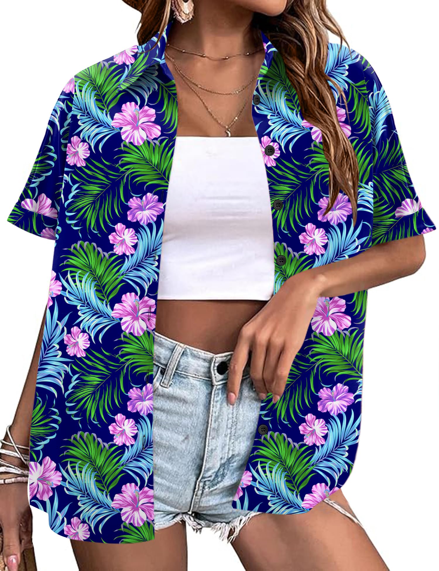 LOMON Women's Summer Hawaiian Shirts Floral Short Sleeve Button Down Shirts Hawaii Tropical Beach Tops Outfits