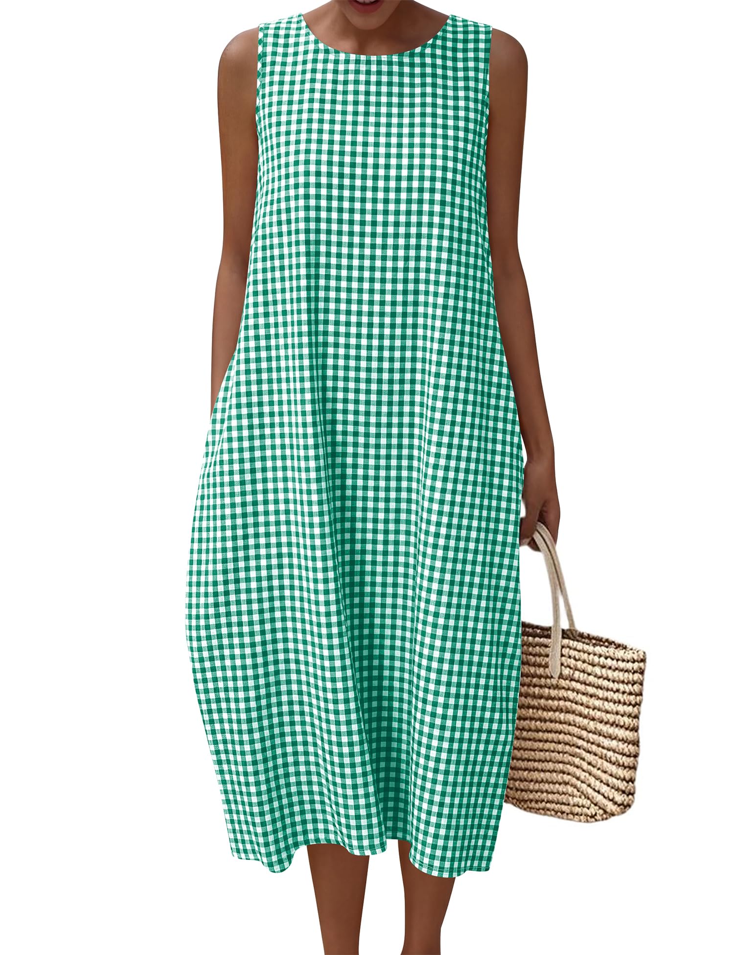 LOMON Summer Dresses for Women Cotton Casual Maxi Dress Beach Vacation Long Sundresses Plaid Striped with Pockets