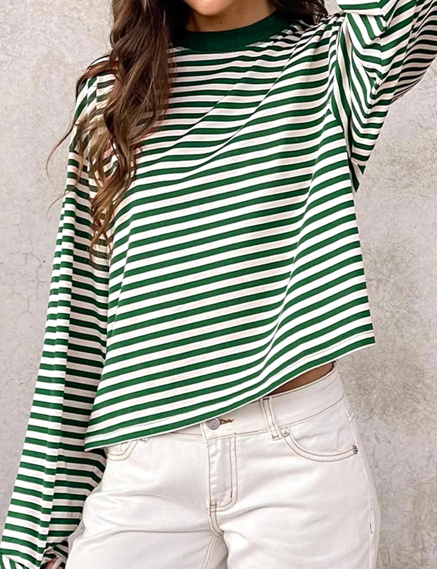 LOMON Striped Long Sleeve Shirt Women Y2k Oversized Crewneck Fall Spring Drop Shoulder Vintage Tops Teen Girl Clothes