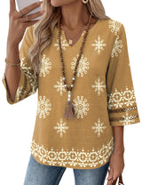 LOMON Womens 3/4 Sleeve V Neck Bohemian Blouses Casual Loose Fit Tunic Tops Vacation Clothes