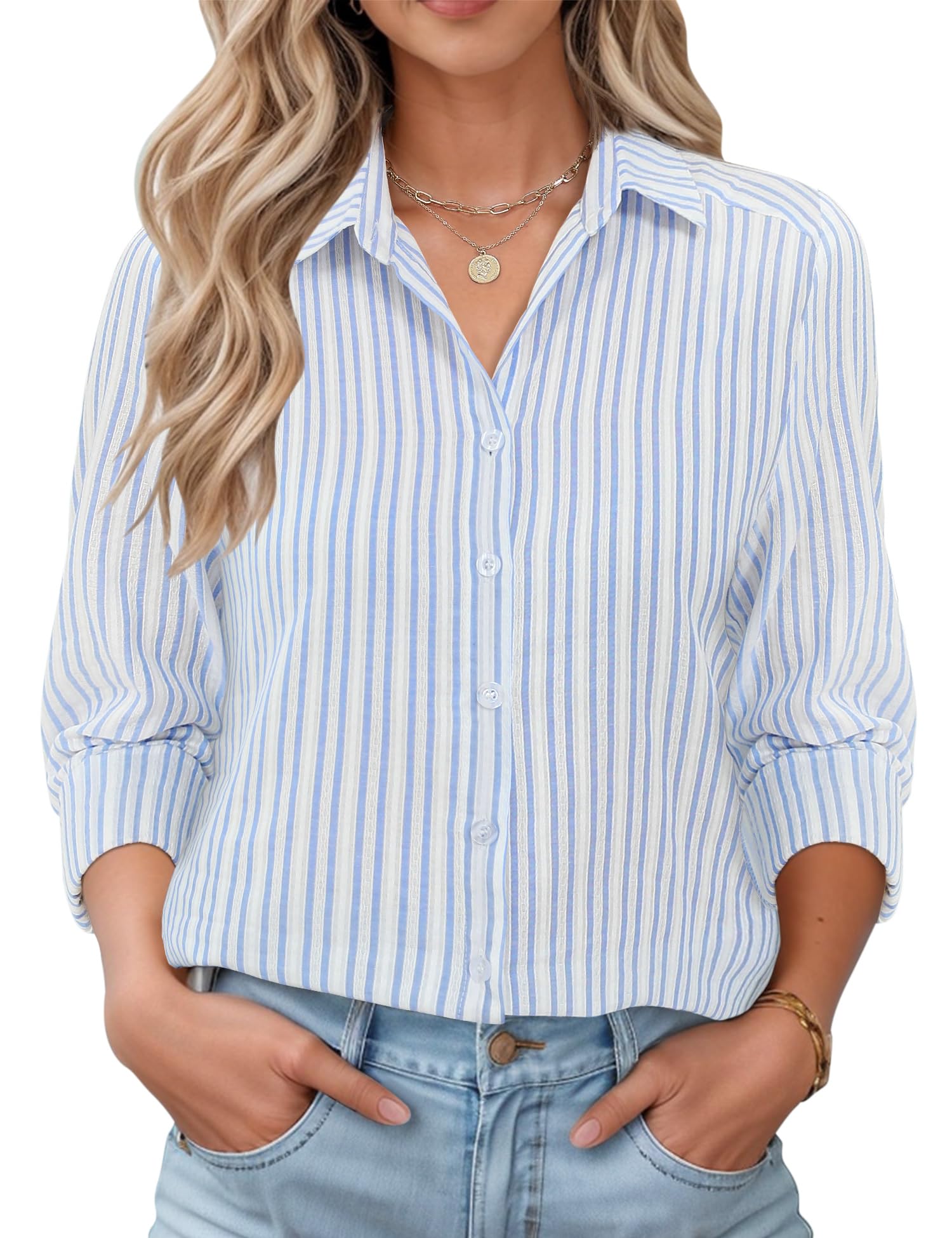 LOMON Womens Long Sleeve Button Down Shirts Casual Loose Fit Cotton Collared Blouses
