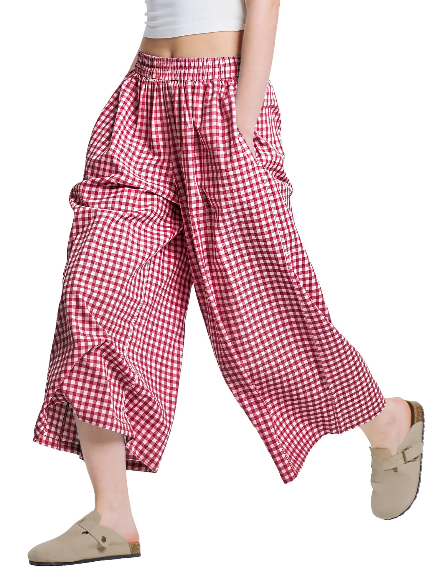 LOMON Womens Wide Leg Capri Pants Gingham Plaid Culottes Summer Elastic Waist Palazzo Trousers Bottoms with Pockets