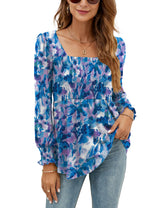 LOMON Blouses for Women Puff Long Sleeve Shirts Square Neck Casual Smocked Tunic Tops 2024 Spring Fall Winter Clothes S-XL