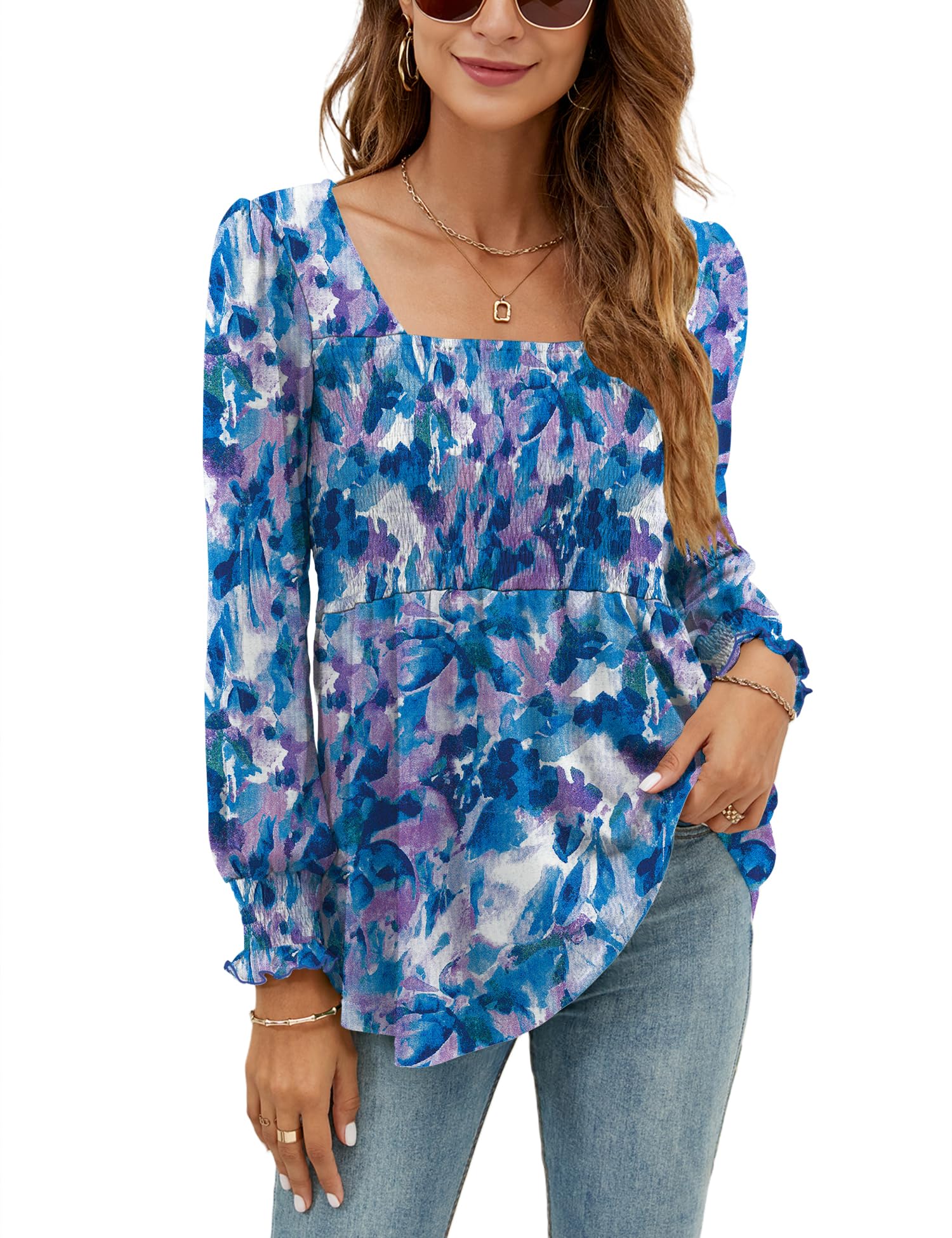 LOMON Blouses for Women Puff Long Sleeve Shirts Square Neck Casual Smocked Tunic Tops 2024 Spring Fall Winter Clothes S-XL