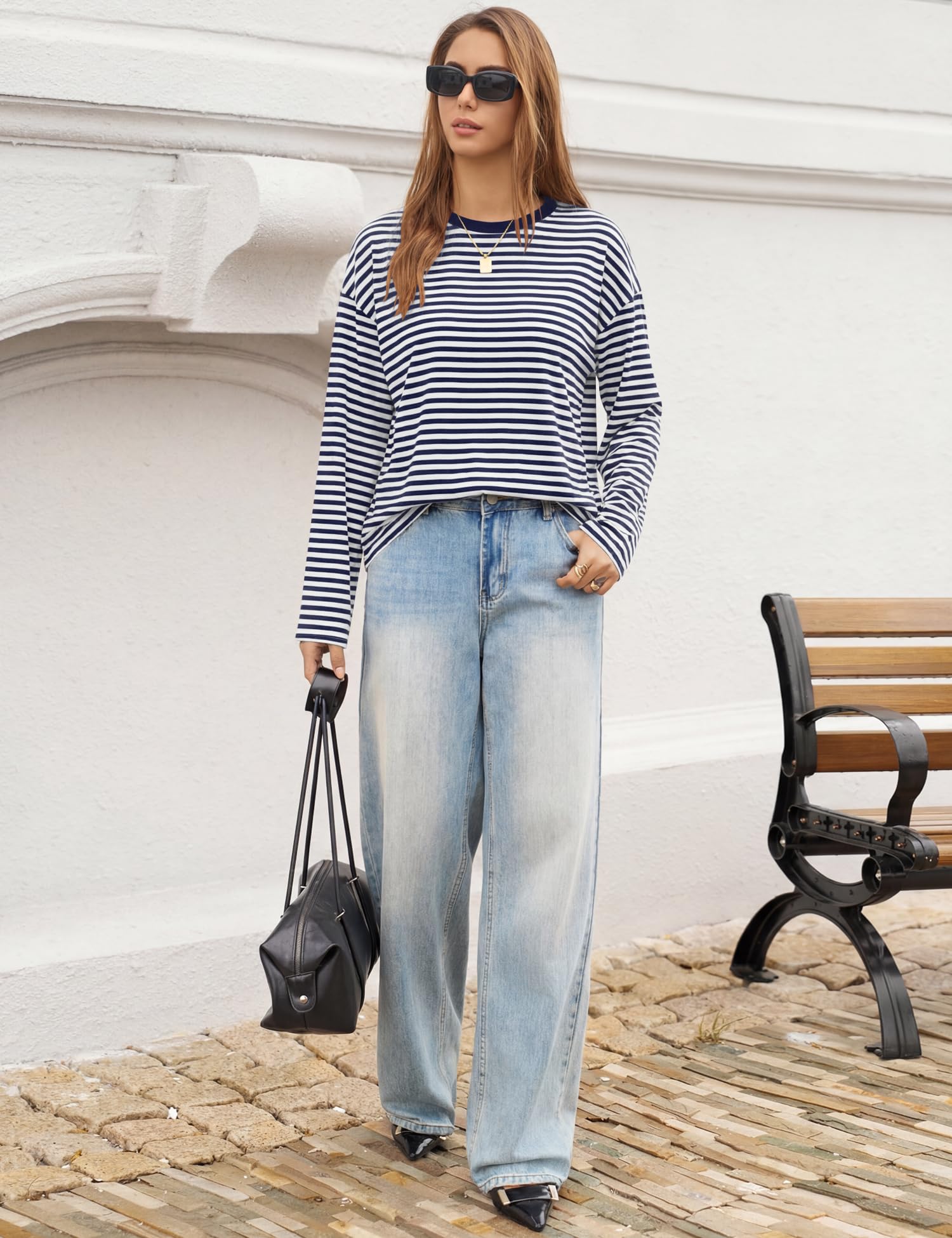LOMON Striped Long Sleeve Shirt Women Y2k Oversized Crewneck Fall Spring Drop Shoulder Vintage Tops Teen Girl Clothes