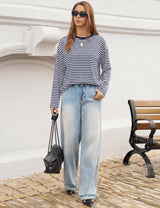 LOMON Striped Long Sleeve Shirt Women Y2k Oversized Crewneck Fall Spring Drop Shoulder Vintage Tops Teen Girl Clothes