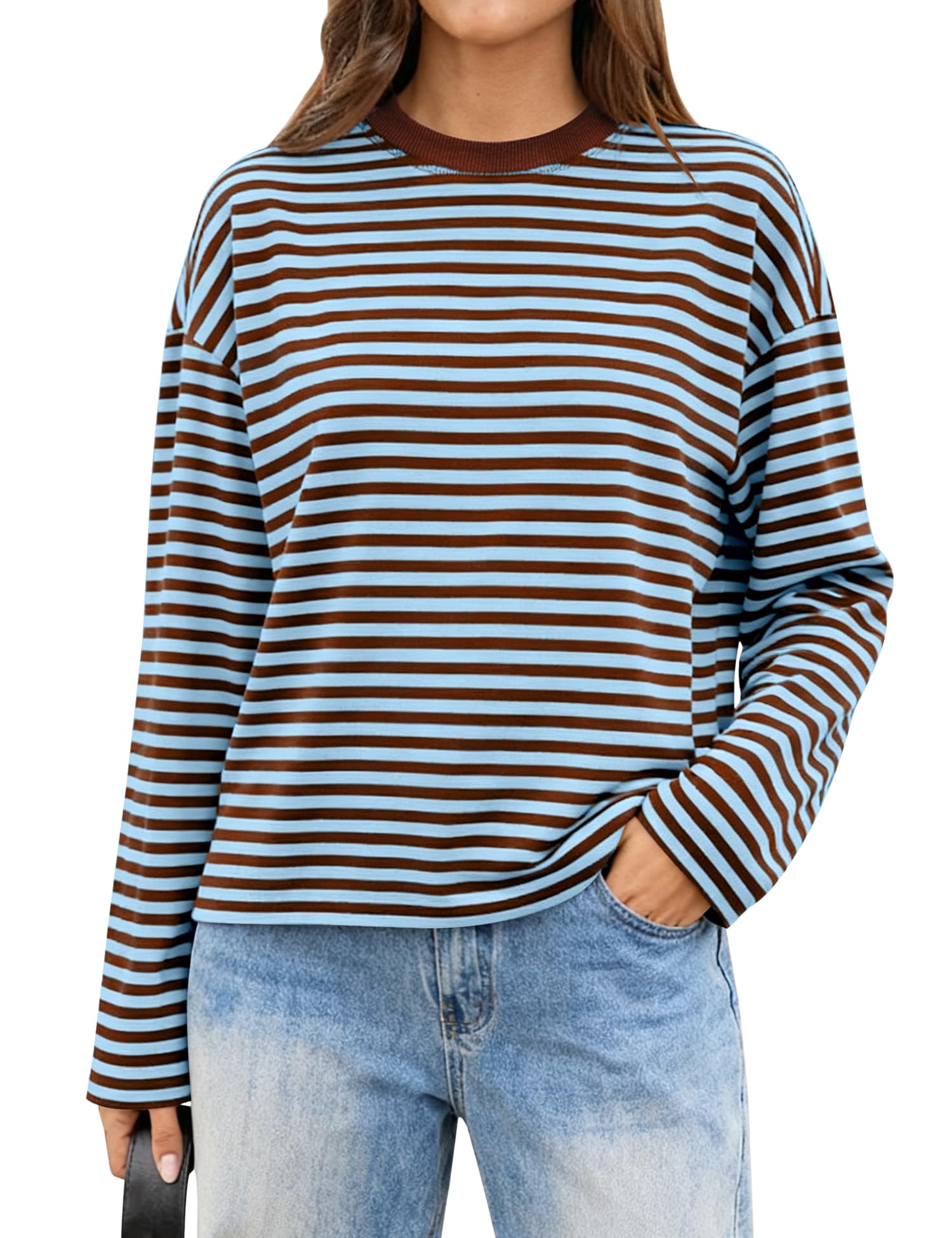 LOMON Striped Long Sleeve Shirt Women Y2k Oversized Crewneck Fall Spring Drop Shoulder Vintage Tops Teen Girl Clothes