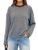 LOMON Striped Long Sleeve Shirt Women Y2k Oversized Crewneck Fall Spring Drop Shoulder Vintage Tops Teen Girl Clothes
