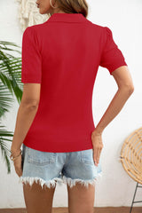 LOMON Womens Puff Short Sleeve Polo Sweater V Neck Knitted Tops Casual Ribbed Shirt Pullover Blouse