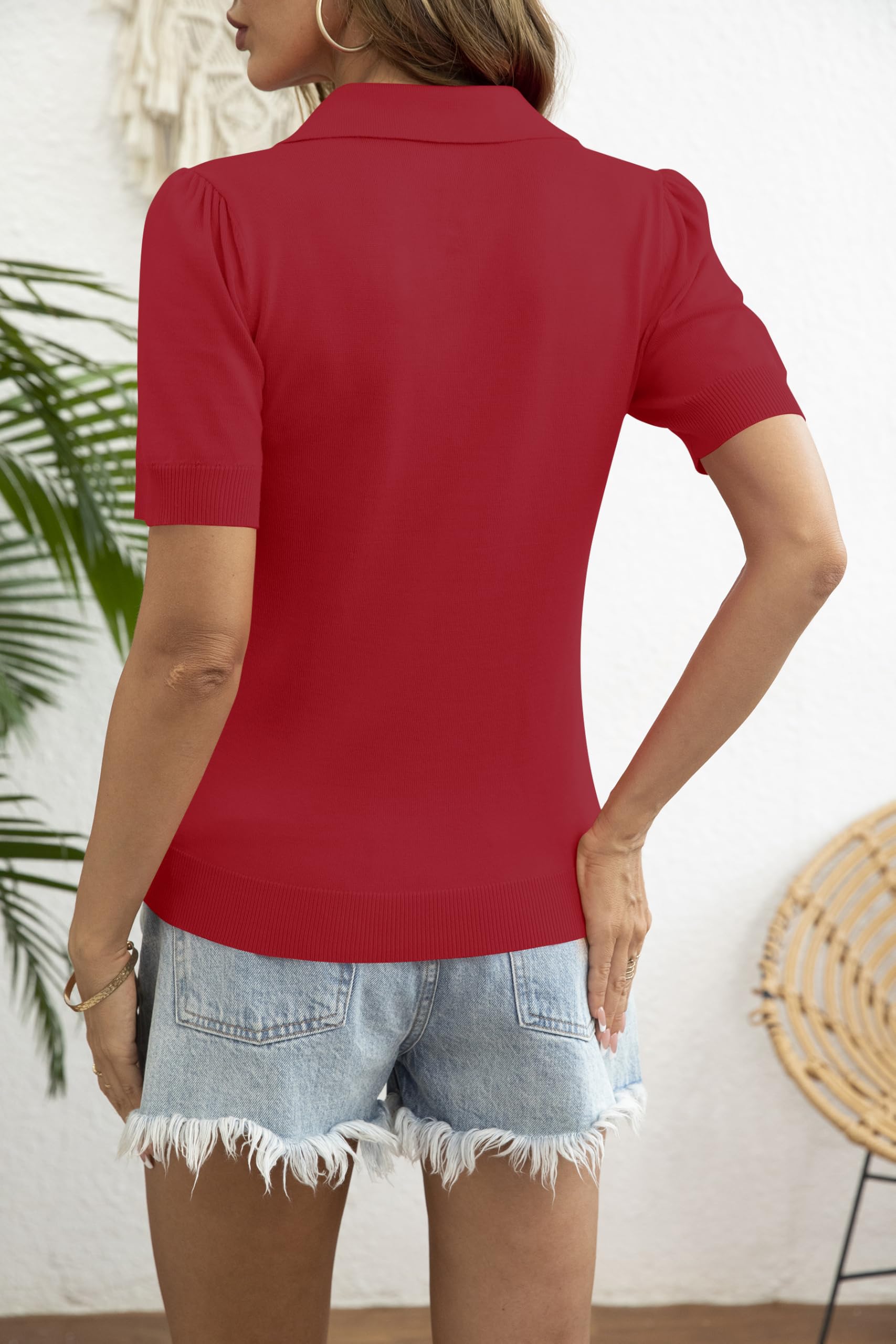 LOMON Womens Puff Short Sleeve Polo Sweater V Neck Knitted Tops Casual Ribbed Shirt Pullover Blouse