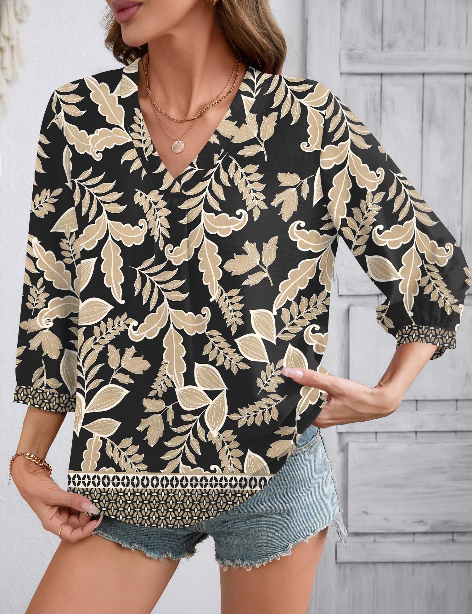 LOMON Womens 3/4 Sleeve V Neck Boho Peasant Blouses Dressy Casual Breathable Soft Tunic Tops with Button Cuffs