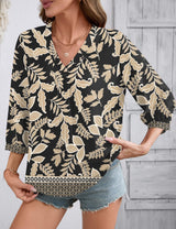 LOMON Womens 3/4 Sleeve V Neck Boho Peasant Blouses Dressy Casual Breathable Soft Tunic Tops with Button Cuffs