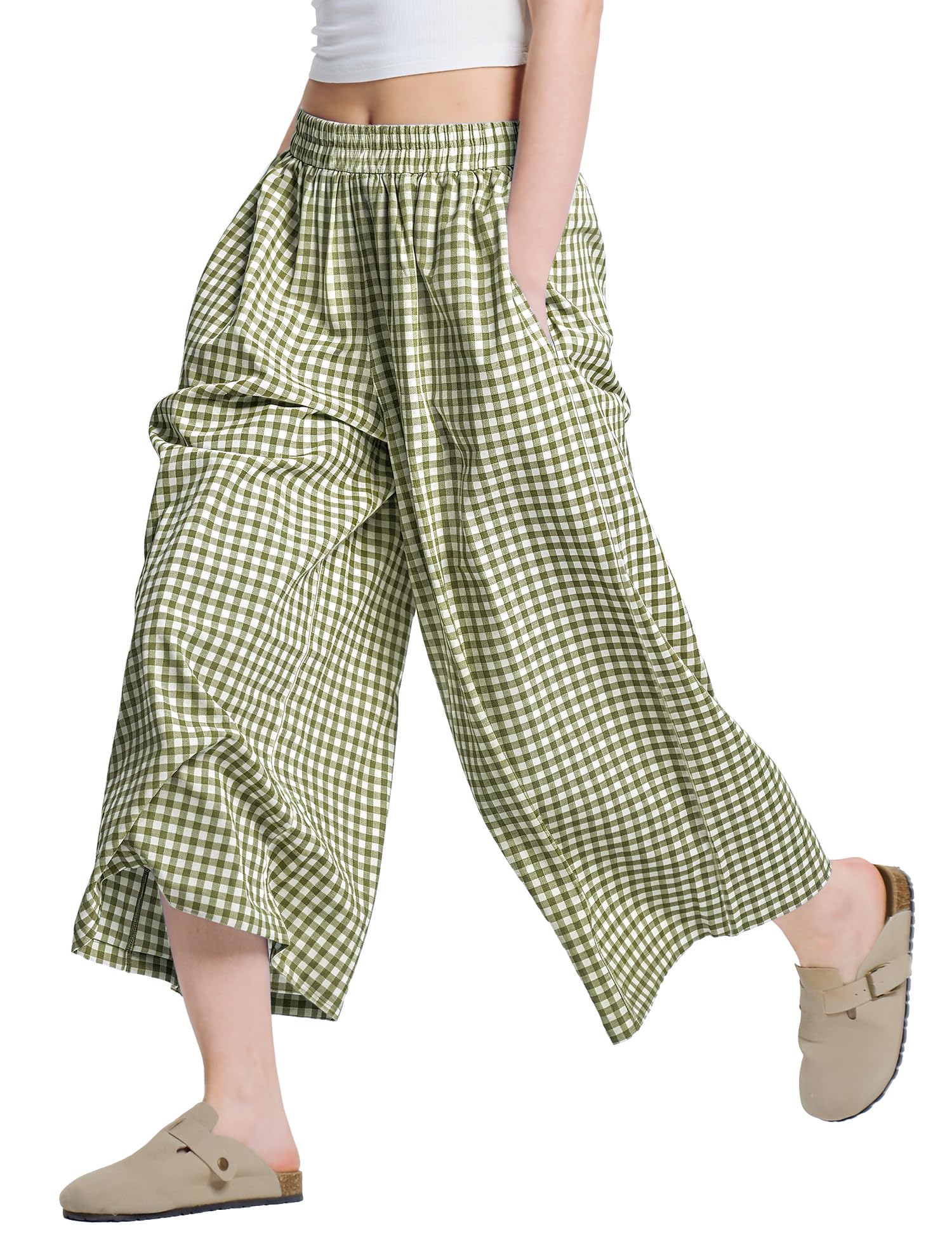 LOMON Womens Wide Leg Capri Pants Gingham Plaid Culottes Summer Elastic Waist Palazzo Trousers Bottoms with Pockets
