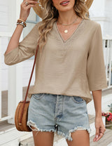 LOMON Women's 3/4 Length Sleeve Boho Tops V Neck Lace Summer Outfits Dressy Casual Flowy Shirts Vacation Clothes Blouses
