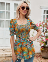 LOMON Women's Tunics Square Neck Puff Short Sleeve Smocked Top Ladies Peplum Blouse Tee Shirts 2025 Spring Summer S-XL