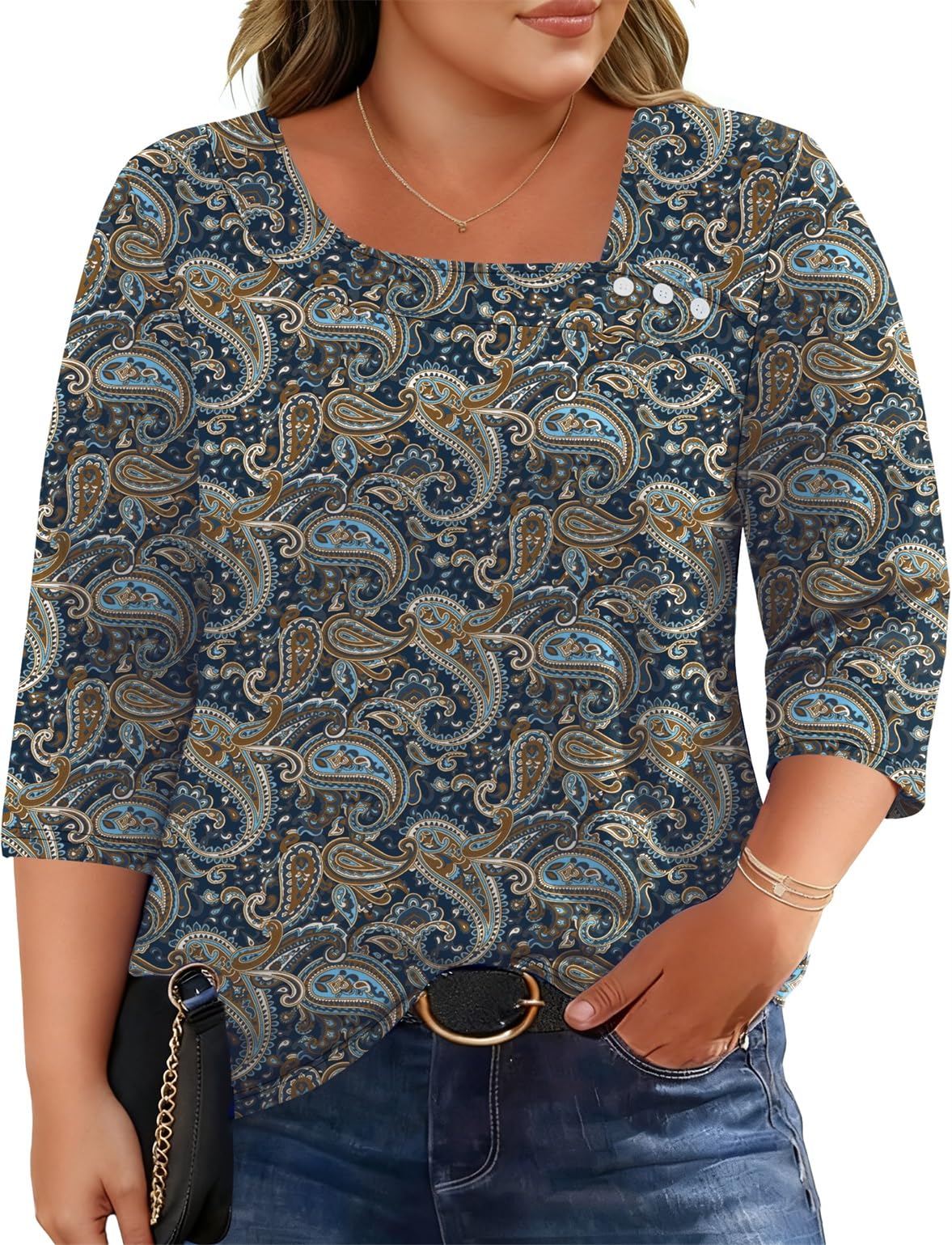 LOMON Womens Plus Size Tops 3/4 Length Sleeve T Shirts Asymmetrical Neck Blouses for Women Fashion 2026