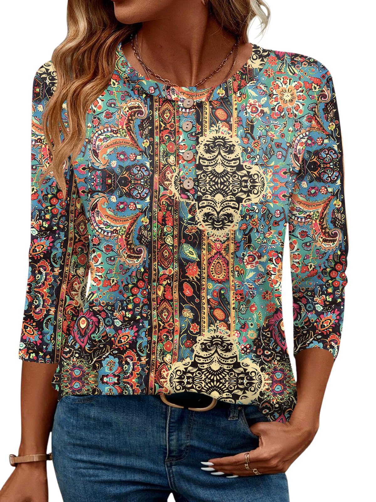 LOMON 3/4 Length Sleeve Womens Tops Dressy Casual Crewneck Pullover Tunics Summer Cute Blouses Fashion 2025 Tees Shirts