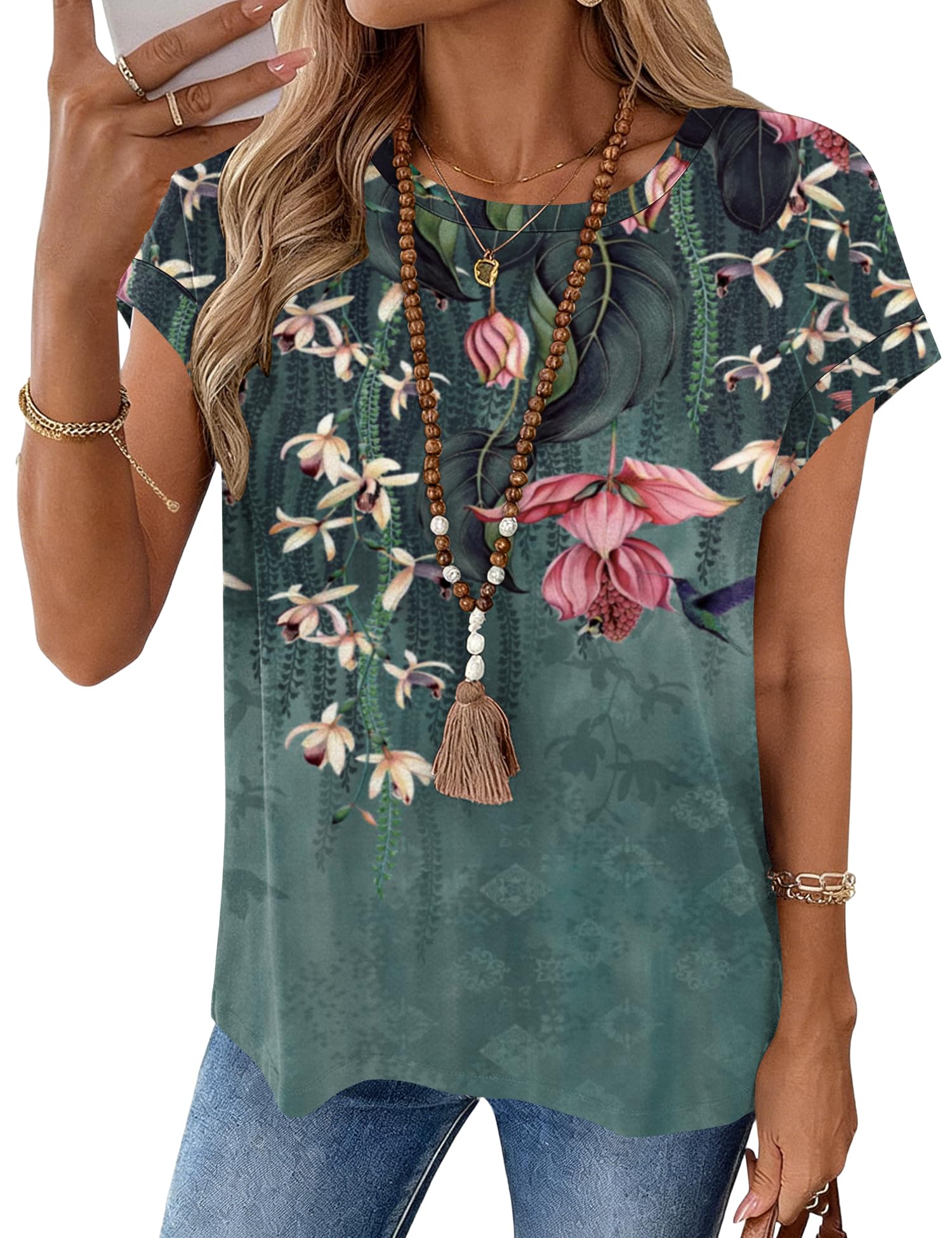 LOMON Womens Summer Tops Short Sleeve Shirts Cap Sleeve Tops Crew Neck Cute Trendy Tunic Blouses Dressy Casual Outfits 2026