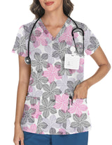 LOMON Women's V Neck Printed Scrub Top with 3 Pockets