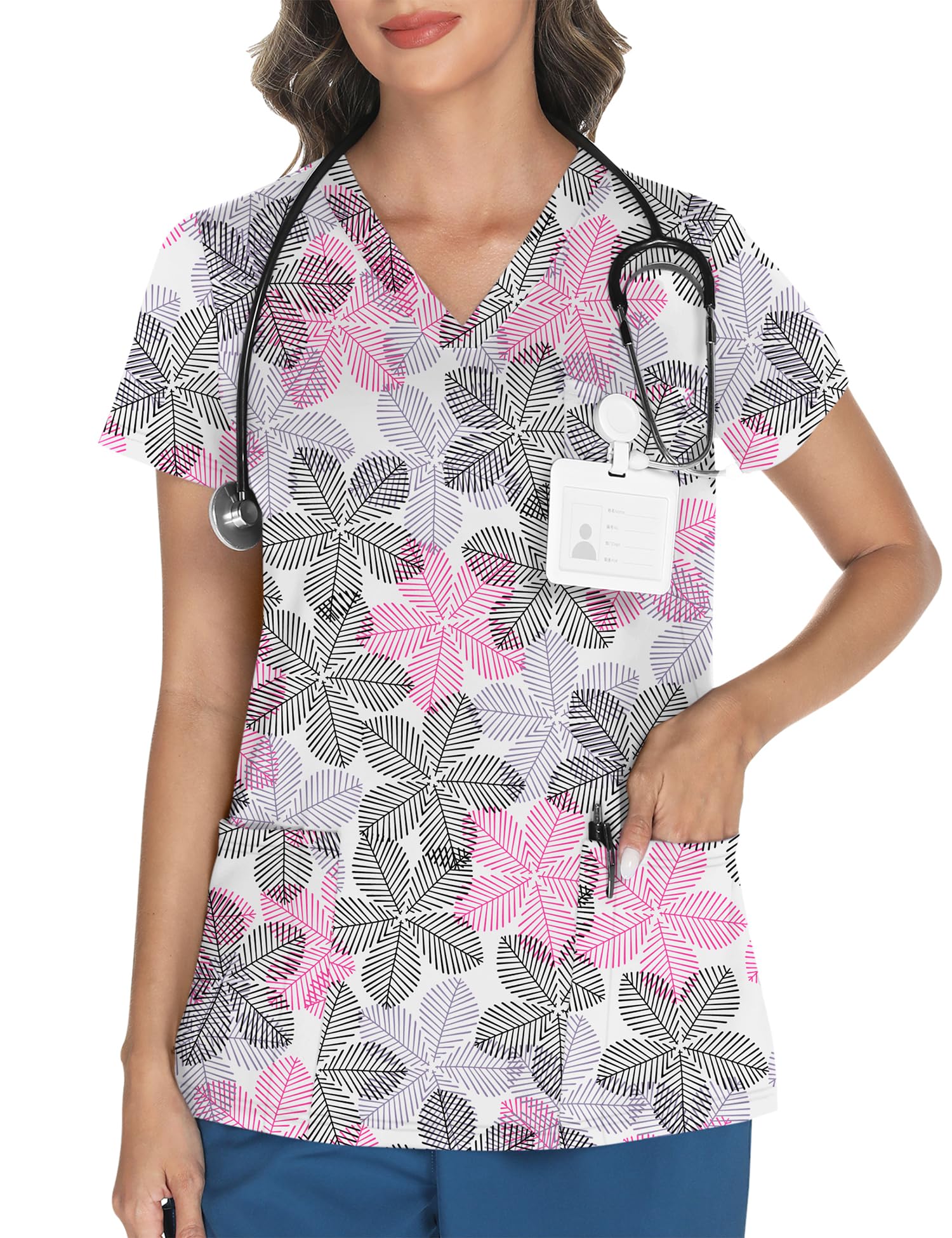 LOMON Women's V Neck Printed Scrub Top with 3 Pockets