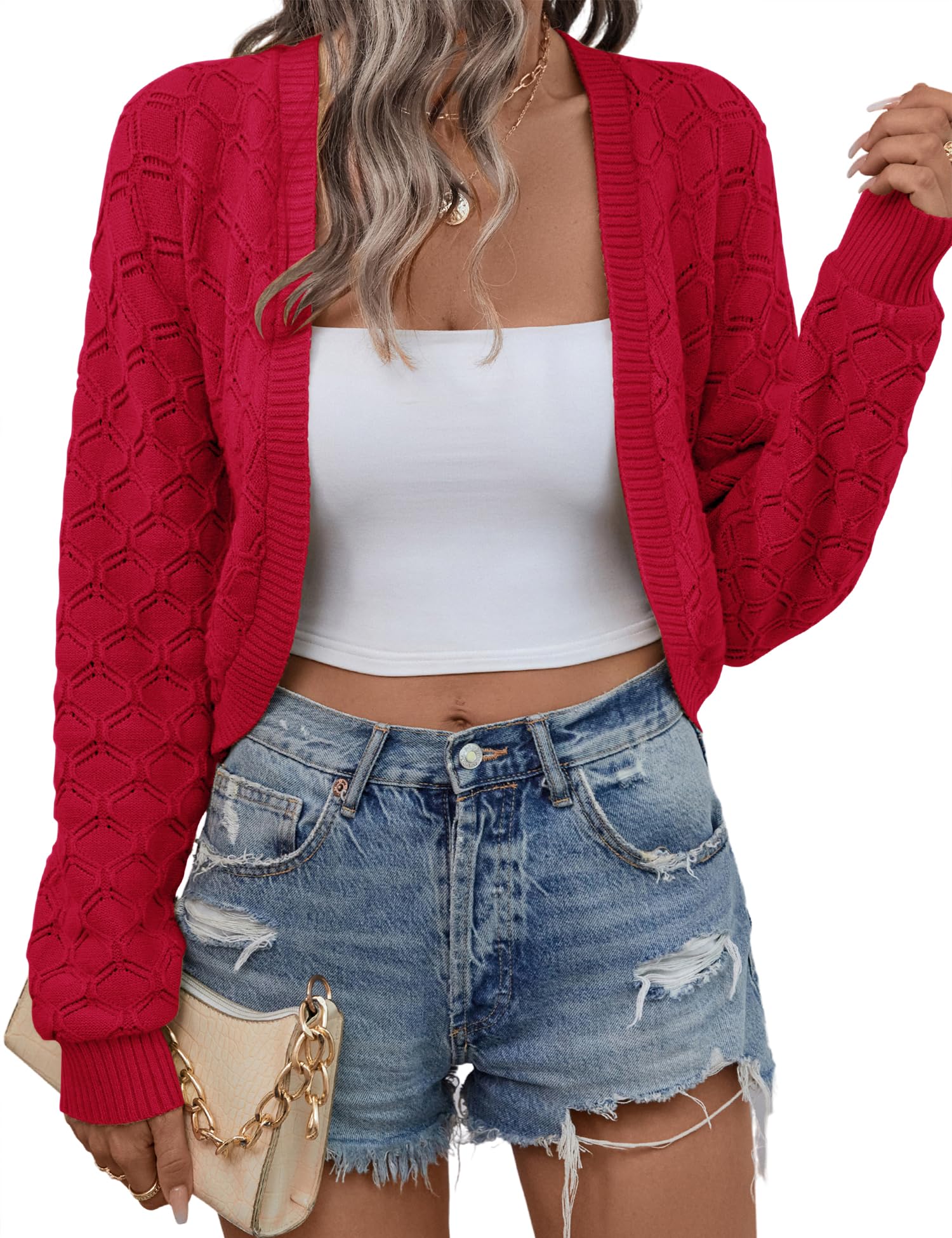 LOMON Womens Cropped Cardigan Bolero Shrugs for Dresses Knit Open Front Long Sleeve Sweater