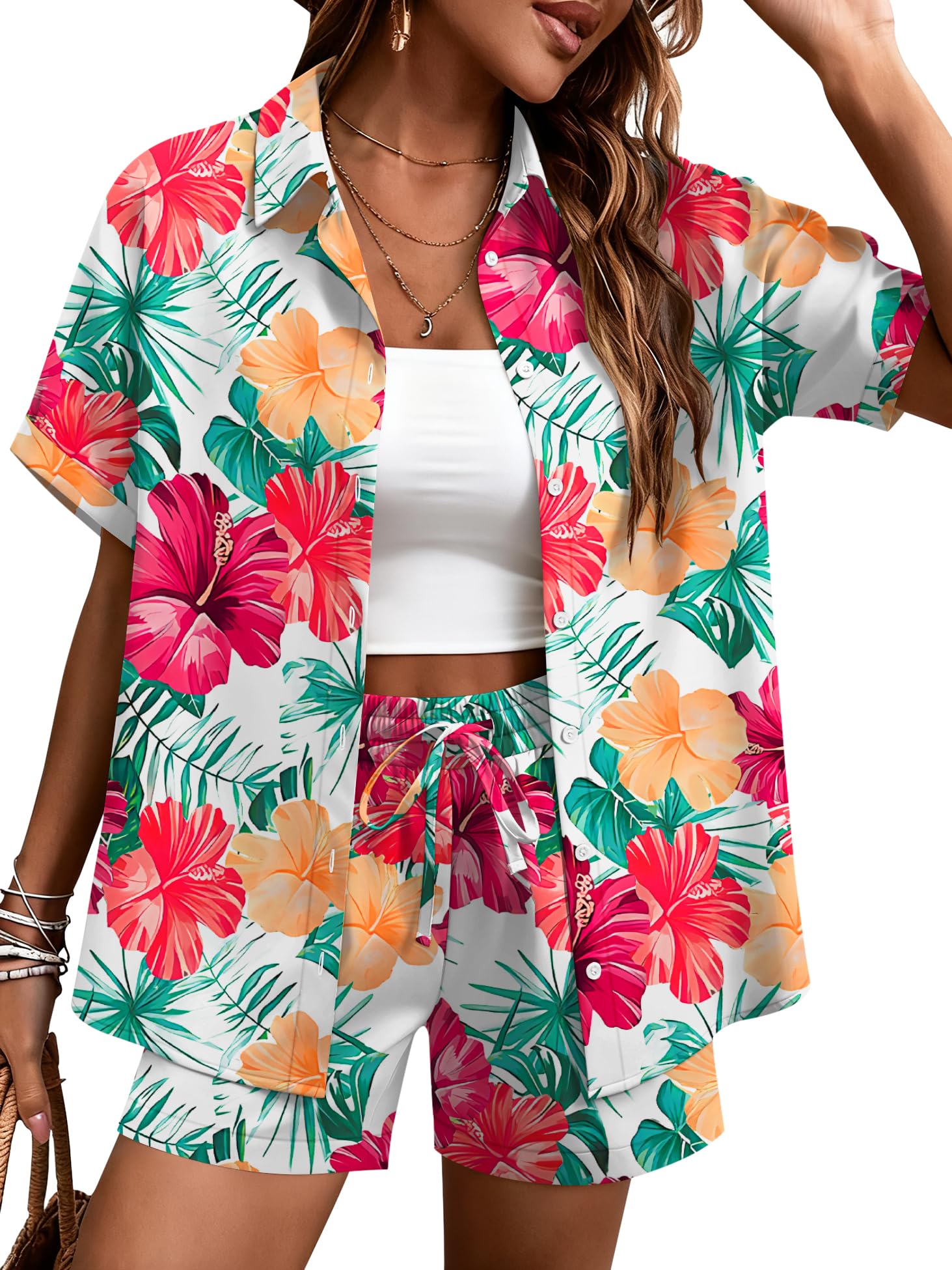 LOMON Women's 2 Piece Hawaiian Vacation Outfits Tropical Print Short Sleeve Shirts and Shorts Beach Sets Resort Wear