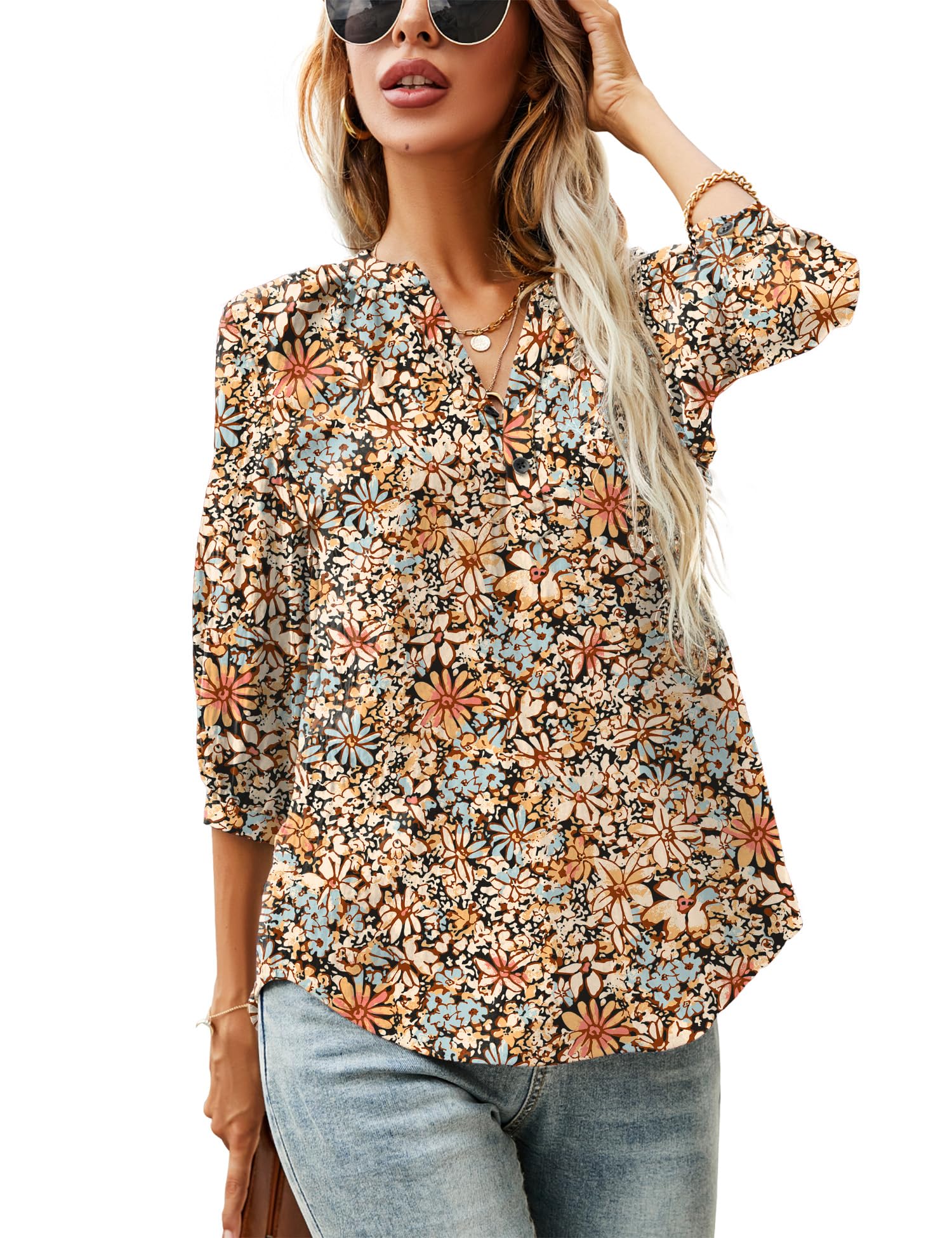 LOMON Women's Casual 3/4 Sleeve Henley V-Neck Button Up Pleated Back Blouses Swiss Dot Blouse Tops T-Shirts S-XXL