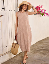 LOMON Summer Dresses for Women Cotton Casual Maxi Dress Beach Vacation Long Sundresses Plaid Striped with Pockets