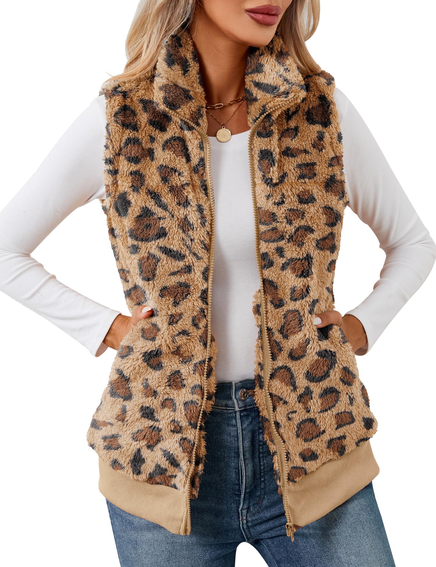 LOMON Womens Fuzzy Fleece Vest, Casual Warm Sleeveless Zip Up Sherpa Vest Jacket with Pockets for Fall/Winter