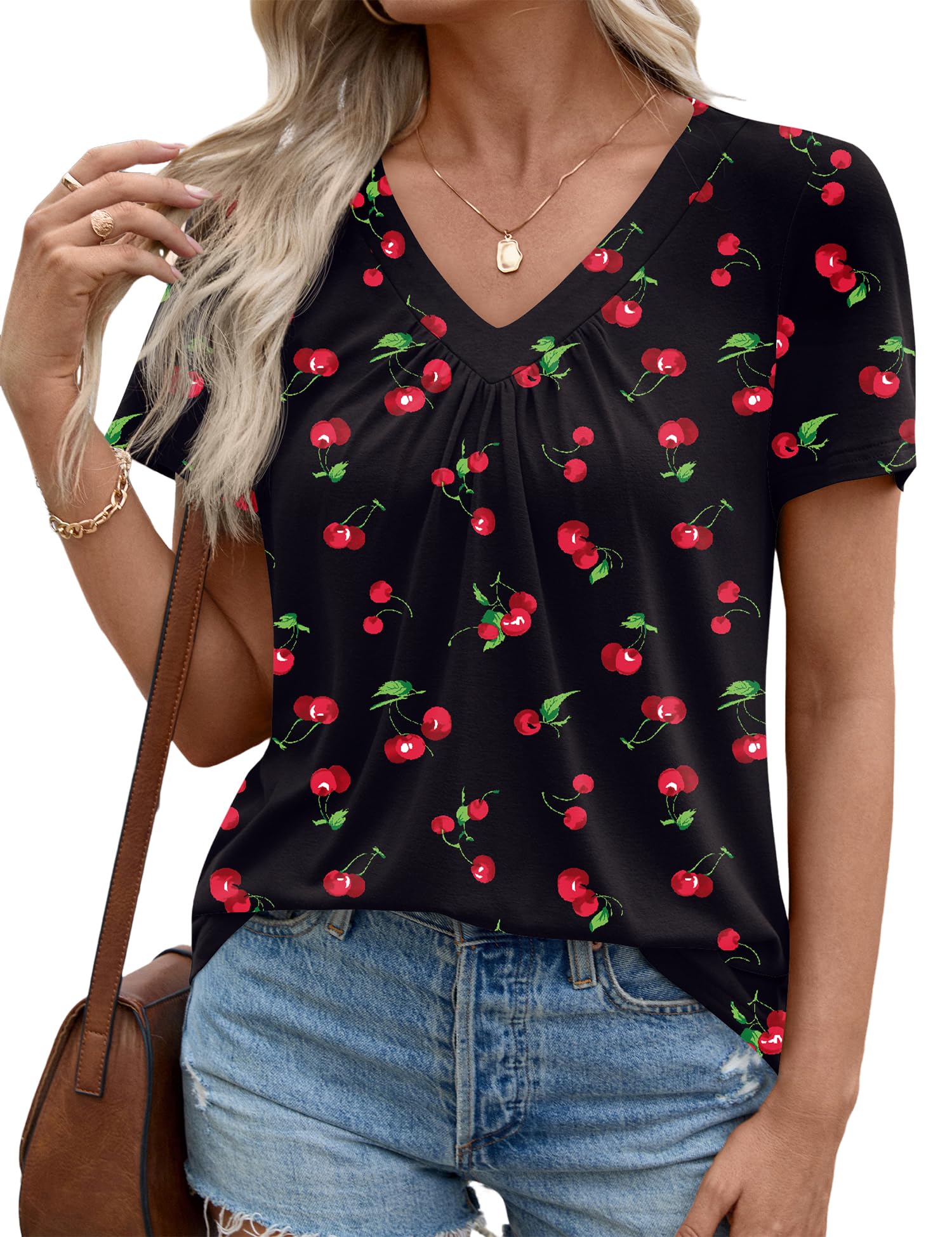 LOMON Womens Summer Tops Short Sleeve V Neck Pleated T-Shirts Loose Fit Dressy Casual Blouses S-XXL
