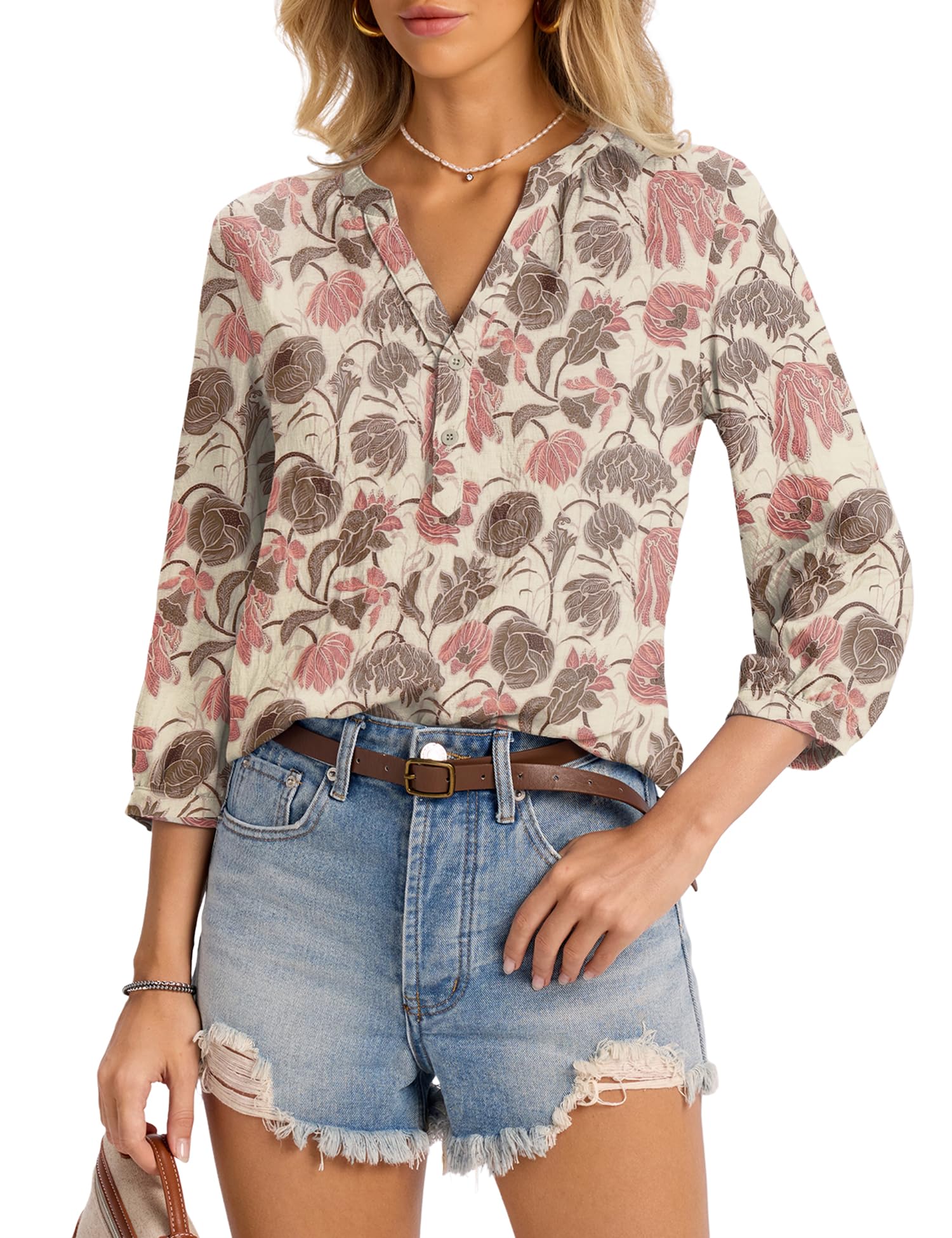 LOMON Womens Tops Dressy Summer 3/4 Length Sleeve Henley V Neck Button Down Shirts Pleated Blouses S-XXL