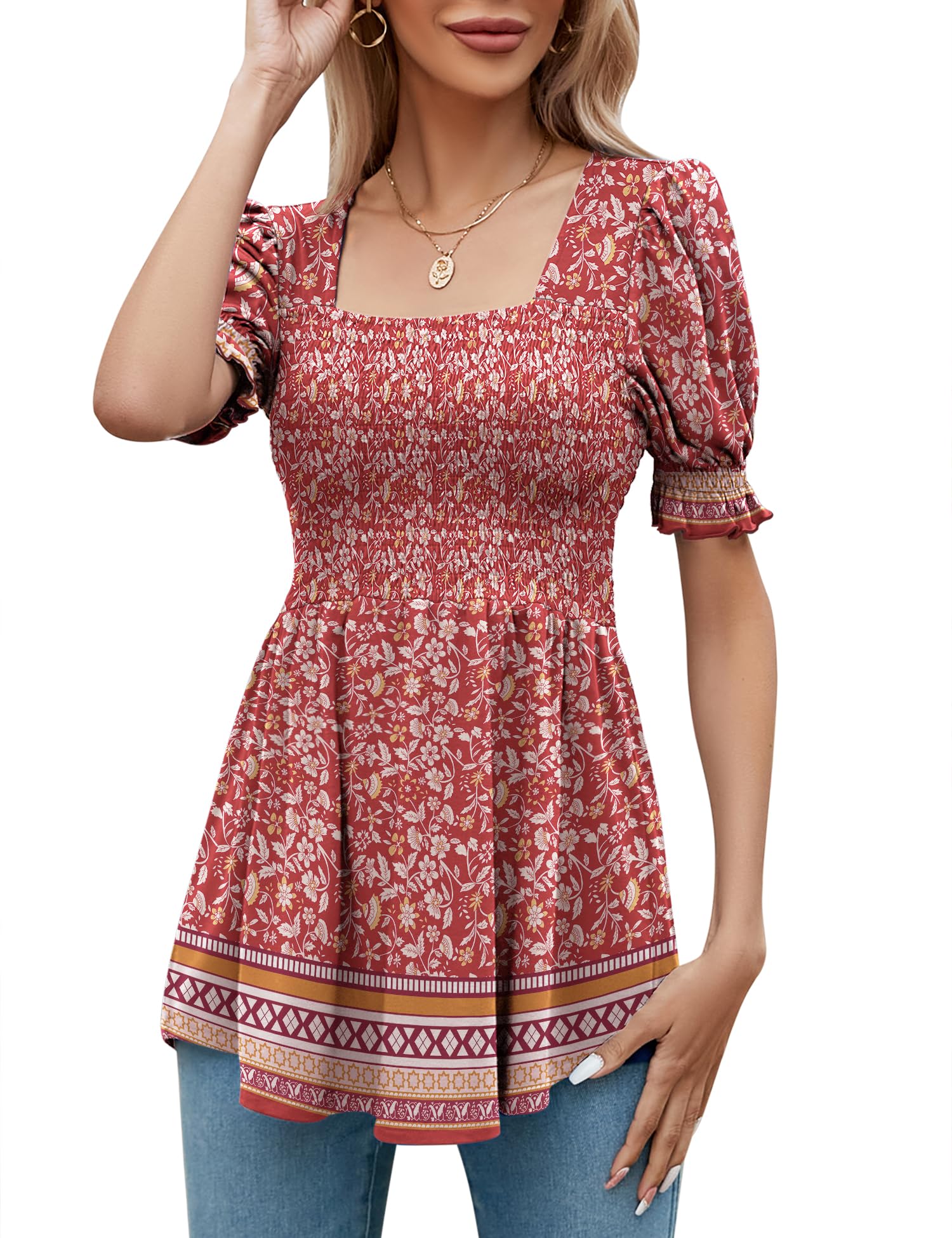 LOMON Women's Tunics Square Neck Puff Short Sleeve Smocked Top Ladies Peplum Blouse Tee Shirts 2025 Spring Summer S-XL
