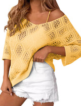 LOMON Womens 3/4 Sleeve Crochet Tops Off Shoulder Hollow Out Sweater V Neck Casual Loose Fit Beach Cover Up