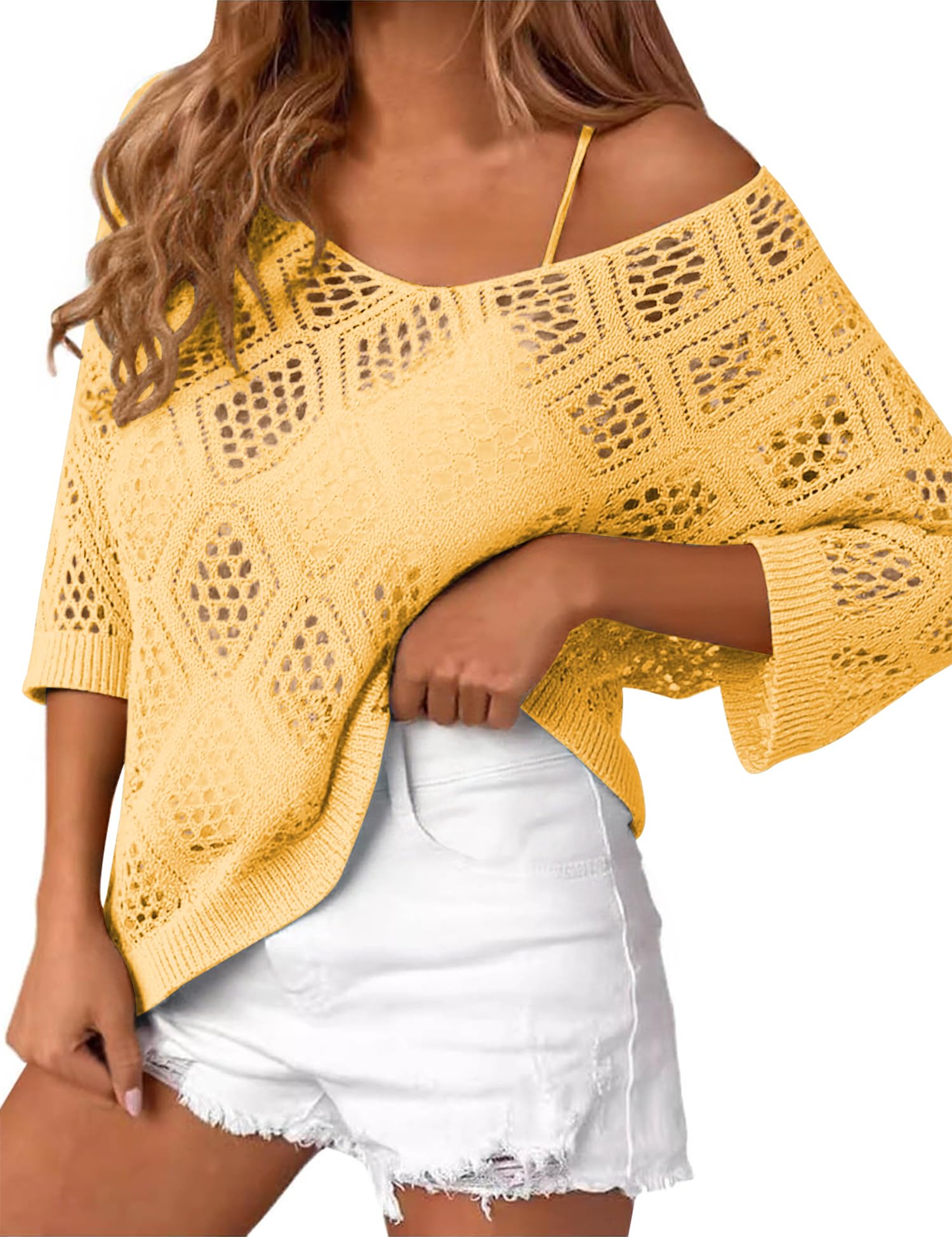 LOMON Womens 3/4 Sleeve Crochet Tops Off Shoulder Hollow Out Sweater V Neck Casual Loose Fit Beach Cover Up