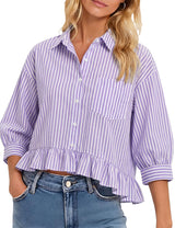 LOMON Womens 3/4 Sleeve Button Down Tops Dressy Casual Collared Shirts Blouses Ruffle Babydoll Tops Loose Fit