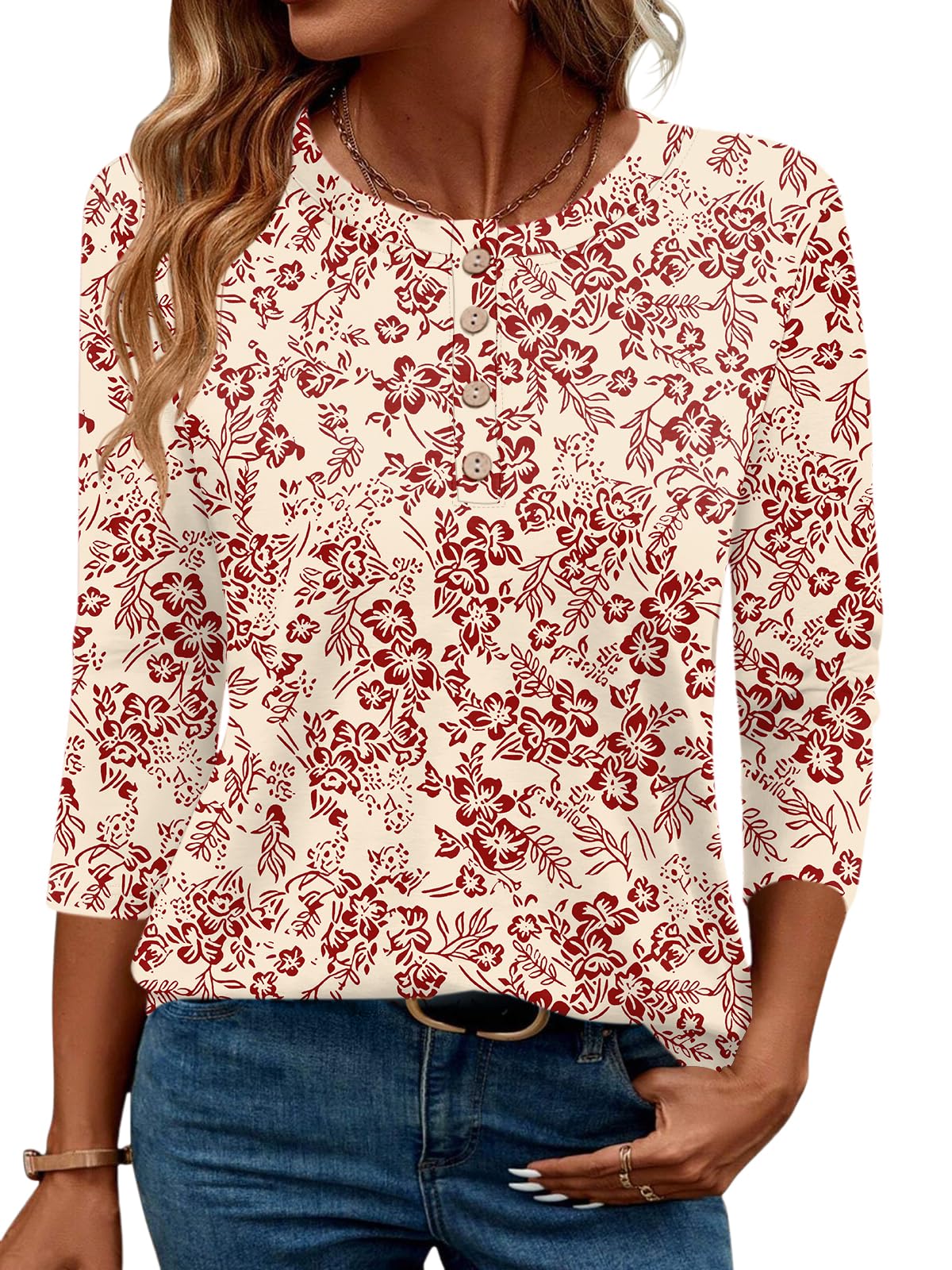 LOMON 3/4 Length Sleeve Womens Tops Dressy Casual Crewneck Pullover Tunics Summer Cute Blouses Fashion 2025 Tees Shirts