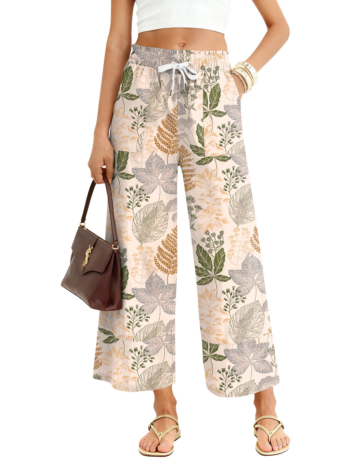 LOMON Women's Casual Wide Leg Pants Drawstring Elastic Waist Flowy Palazzo Pants with Pockets