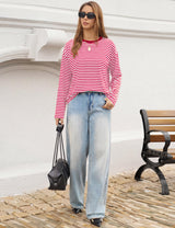 LOMON Striped Long Sleeve Shirt Women Y2k Oversized Crewneck Fall Spring Drop Shoulder Vintage Tops Teen Girl Clothes
