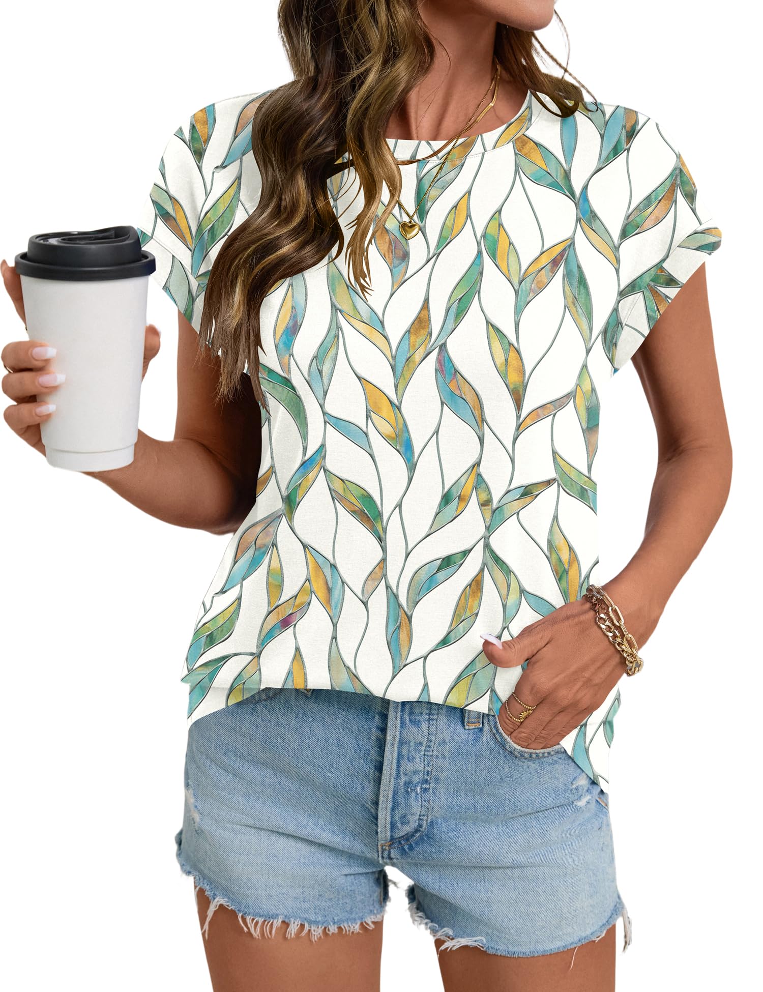 LOMON Womens Summer Tops Short Sleeve Shirts Cap Sleeve Tops Crew Neck Cute Trendy Tunic Blouses Dressy Casual Outfits 2026