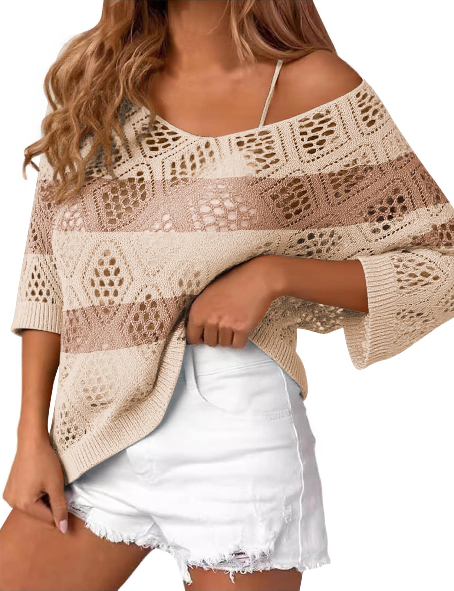 LOMON Womens 3/4 Sleeve Crochet Tops Off Shoulder Hollow Out Sweater V Neck Casual Loose Fit Beach Cover Up
