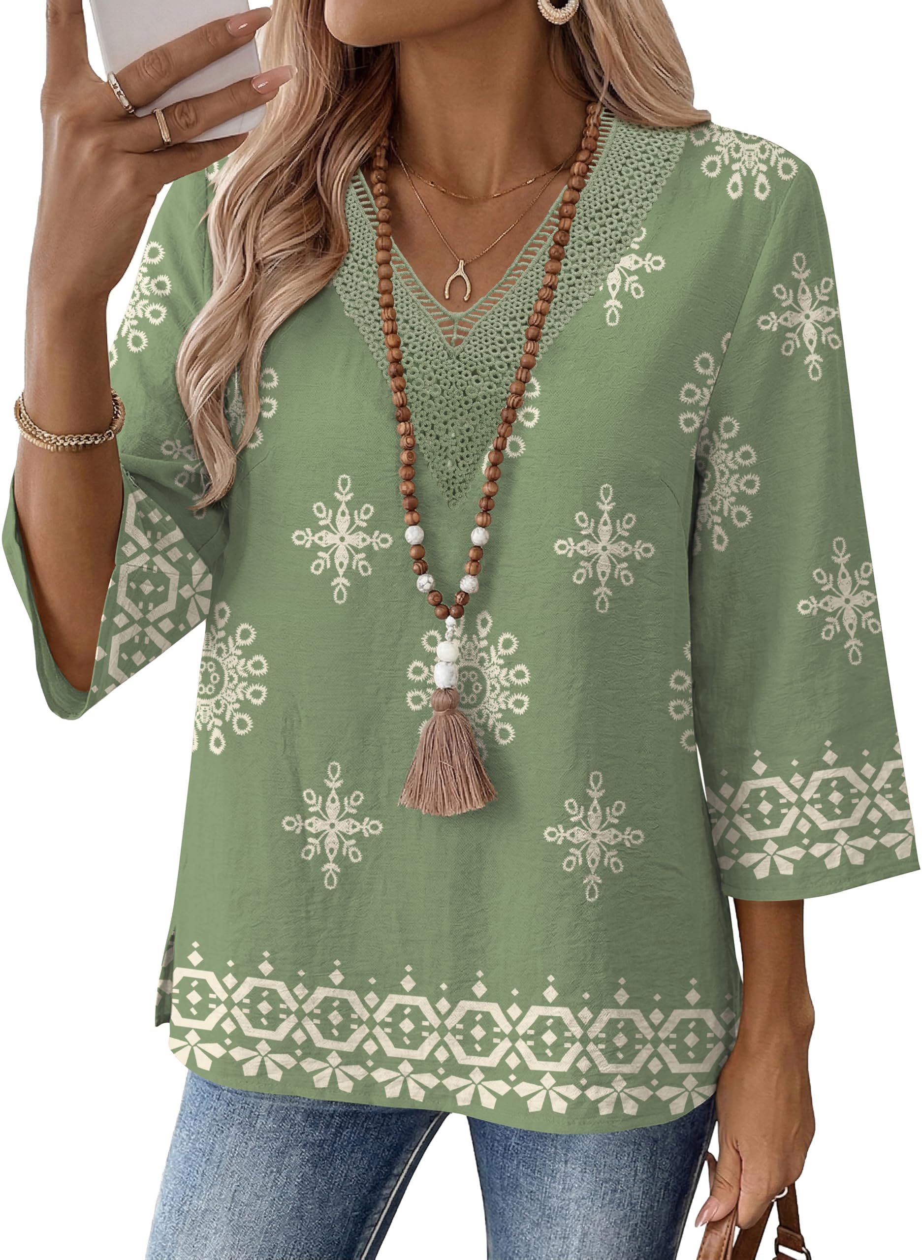 LOMON Women's 3/4 Length Sleeve Boho Tops V Neck Lace Summer Outfits Dressy Casual Flowy Shirts Vacation Clothes Blouses